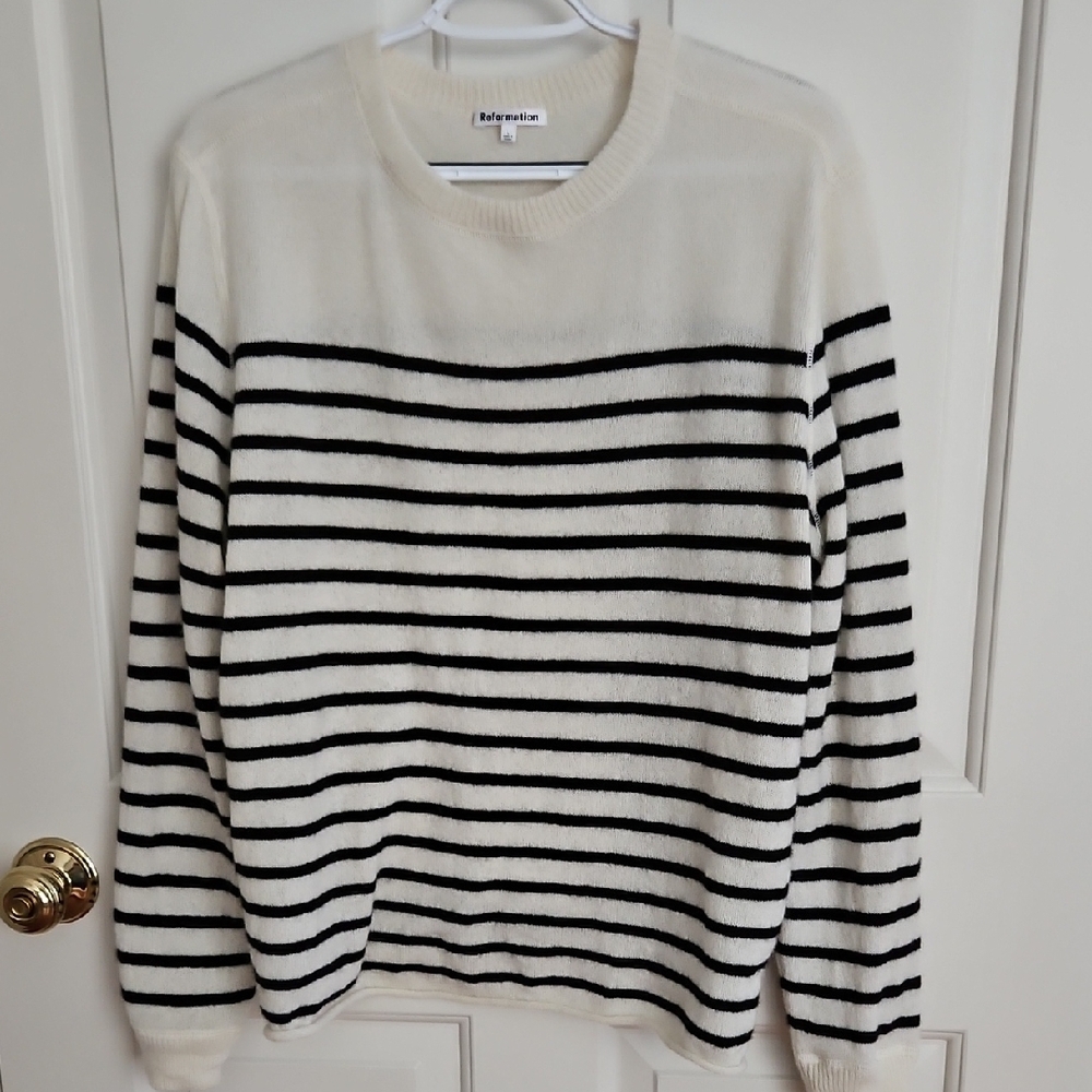 Reformation Black and White Crewneck Sweater with Nautical Stripes